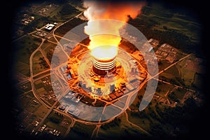 Explosion Nuclear power plant man-made disaster, environmental pollution. Nuclear reactor waste. AI generated.