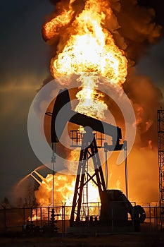 An explosion in an oil field, an oil pump against the background of a fiery cloud. Oil field disaster