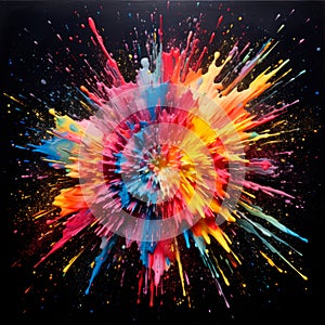 Explosion of Paint. Colors All Over. Firework of Paints on Black Background. Splashes of Color. Generative AI.