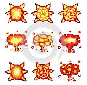 explosion pixel art, Video game explosion animation flame pixel art.