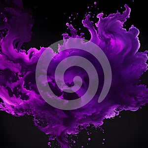 Explosion of purple powder on black background. Abstract of colored dust splatted. Freeze motion of purple dust splashing