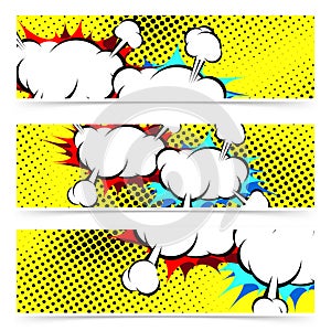 Explosion retro pop art cloud collision concept header collection