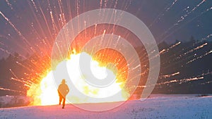 Explosion simulation view with cinematic look featuring many controlled lights and sparks