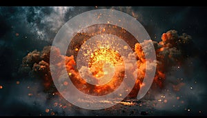 Explosion with smoke and sparks on isolated dark background. A huge fireball exploded from the ground. Surrounded by