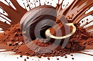 Explosion and splashes of cocoa powder and drink, cocoa beans, isolated, promotional photo