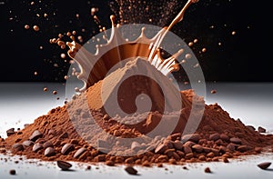 Explosion and splashes of cocoa powder and drink, isolated, promotional photo