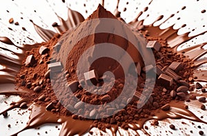 Explosion and splashes of cocoa powder and drink, isolated, promotional photo