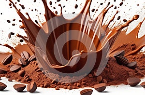 Explosion and splashes of cocoa powder and drink, isolated, promotional photo