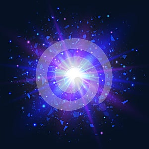 Explosion star on dark background. Star burst with beams and sparkles. Futuristic light. Blue and violet flash with rays and spotl