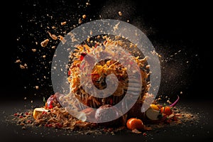 Explosion of taste, food explodes and scatters, cooking concept, AI Generated