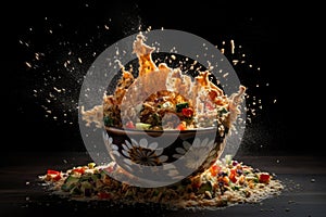 Explosion of taste, food explodes and scatters, cooking concept, AI Generated