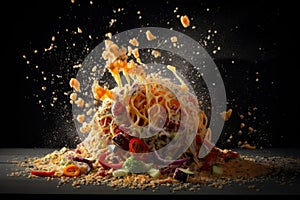 Explosion of taste, food explodes and scatters, cooking concept, AI Generated