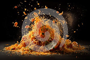 Explosion of taste, food explodes and scatters, cooking concept, AI Generated