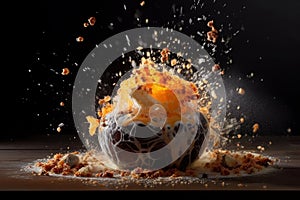 Explosion of taste, food explodes and scatters, cooking concept, AI Generated