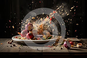 Explosion of taste, food explodes and scatters, cooking concept, AI Generated