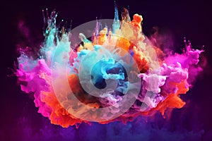 Explosion of vibrant clouds, bursting with an array of mesmerizing colors against a mysterious dark background. Ai generated