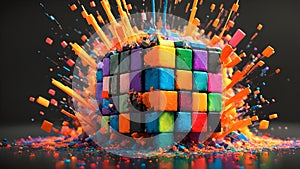 Explosion of vibrant Minecraft inspired textures. Cubes and paint, splashes around. Generative AI.