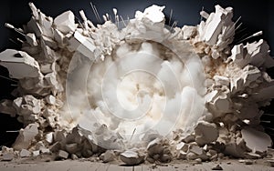 Explosion of a white brick wall with smoke