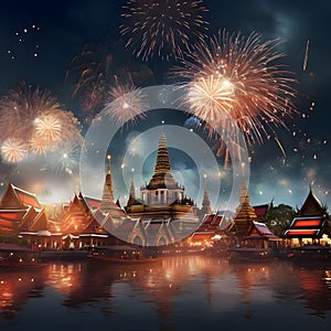 Explosions of fireworks in the sky against the backdrop of the temple. New Year\'s fun and festiv