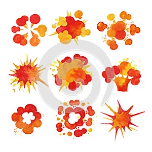Explosions set, fire burst effect watercolor vector Illustrations