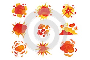Explosions set, fire explosion effect watercolor vector Illustrations