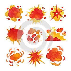 Explosions set, fire explosion effect watercolor vector Illustrations