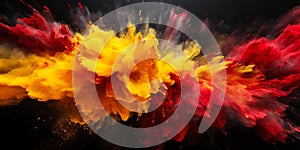 Explosive burst of red and yellow powder on a dark background resembling a fiery nebula or dynamic paint splatter symbolizing