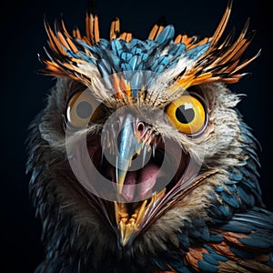 Explosive And Chaotic 3d Rendering Of An Owl\'s Face With Big Horns photo