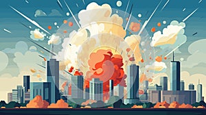 Explosive city skyline with fiery buildings and smoke. Catastrophe and disaster urban scene. Apocalypse and destruction