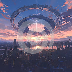 Explosive Cityscape Sunrise with UFO