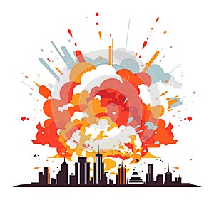Explosive cityscape, vibrant colors, stylized explosion over skyline. Urban destruction, fiery blast impact, colorful