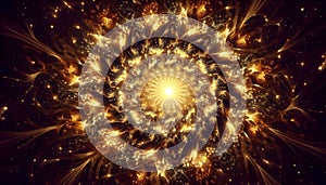 Explosive cosmic burst with radiant golden light particles in deep space