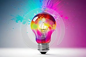 Explosive Creativity: Light Bulb Bursting with Colorful Paint and Vibrant Hues.