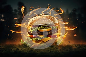 Explosive Gourmet Double Cheeseburger in Fiery Action - Generative AI