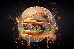 Explosive Gourmet Double Cheeseburger in Fiery Action - Generative AI