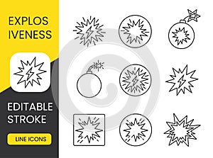 Explosive hazard vector line icon set with editable stroke