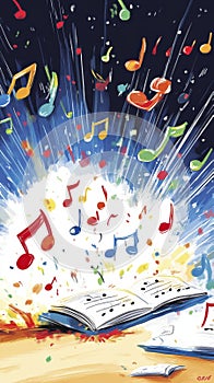 Explosive musical notes burst from an open book