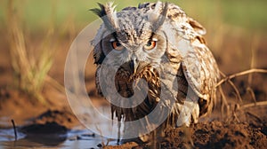 Explosive Pigmentation: A Captivating Owl Standing In A Puddle Of Water