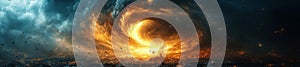 Explosive scene of a massive firestorm swirling like a tornado consuming everything in its path photo