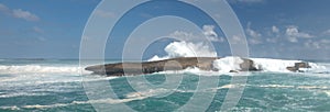 Explosive storm waves crashing into Laie Point coastline at Kaawa on the North Shore of Oahu Hawaii United States