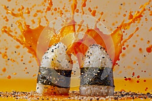 Explosive Sushi Splash with Vibrant Orange Juice Bursting Against a Yellow Background Dynamic Food Photography