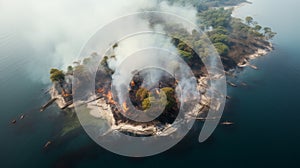 Explosive Wildlife: Aerial View Of Tropical Forest Burning In River