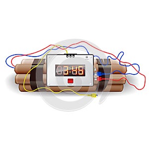 Explosives with alarm clock, on white