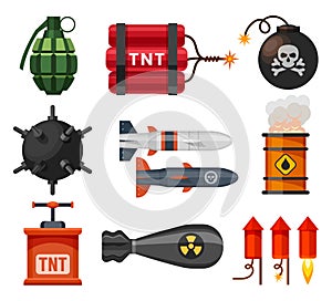 Explosives, bomb, fuse ball, dynamite and grenades