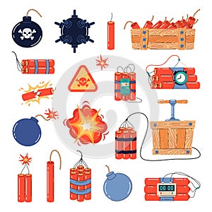 Explosives types. Cartoon dynamite and bombs, weapons of mass destruction, detonators, timers, smoldering wicks