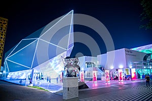 Expo2020 Azerbaijan Pavilion at night with people grain in Dubai, United Arab Emirates