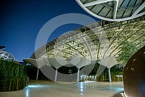 Expo2020 Dubai Sustainability Pavilion at night showing sustainable architecture grain in UAE
