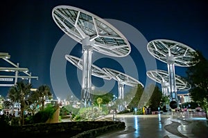 Expo2020 Sustainability Pavilion at night showing sustainable architecture grain in Dubai, UAE