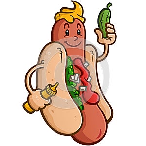 Hot dog with holding mustard and a pickle photo