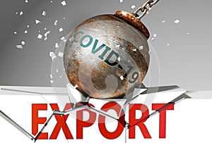 Export and coronavirus, symbolized by the virus destroying word Export to picture that covid-19  affects Export and leads to a